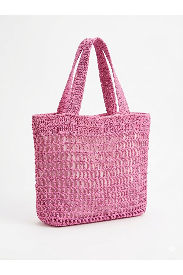 Women's Pink Straw Handmade Beach Bag-Lined