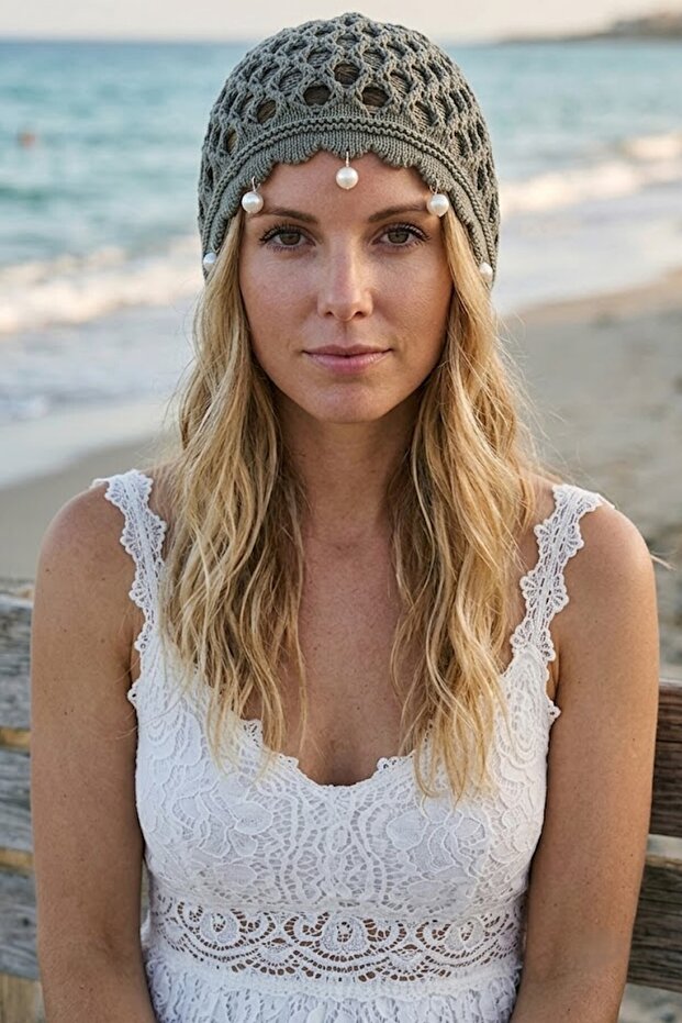 Green Color Pearl Mesh Knitted Hair Bandana Hat