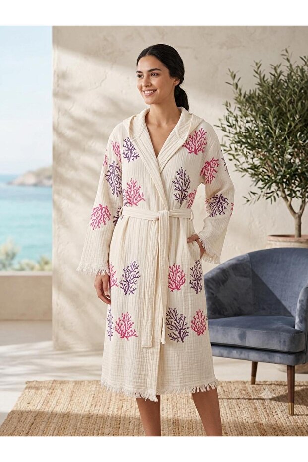 Purple Coral Patterned Peshtemal Muslin Bathrobe Soft, Lightweight and Breathable Woven Fabric (100% Cotton)