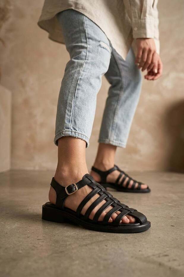 Elit 26Ymrt01C Women's Genuine Leather Flat Sandals Black