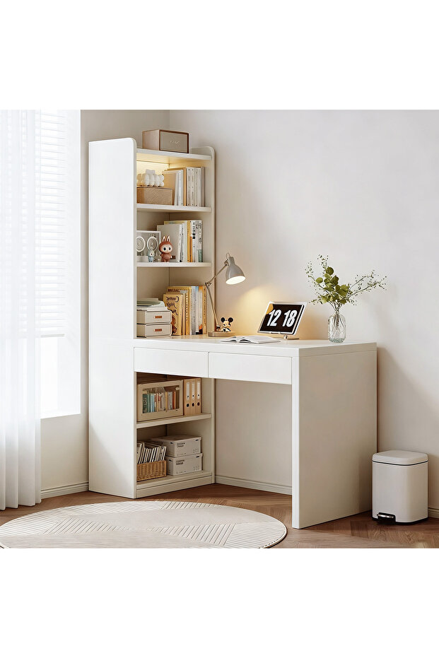(is76)All-in-One Computer Desk with Side Bookshelf 2 Drawers Thick Eco Board Writing Table Cable Hole Anti-Collision Corner Student Study Desk for Bedroom Home Decor