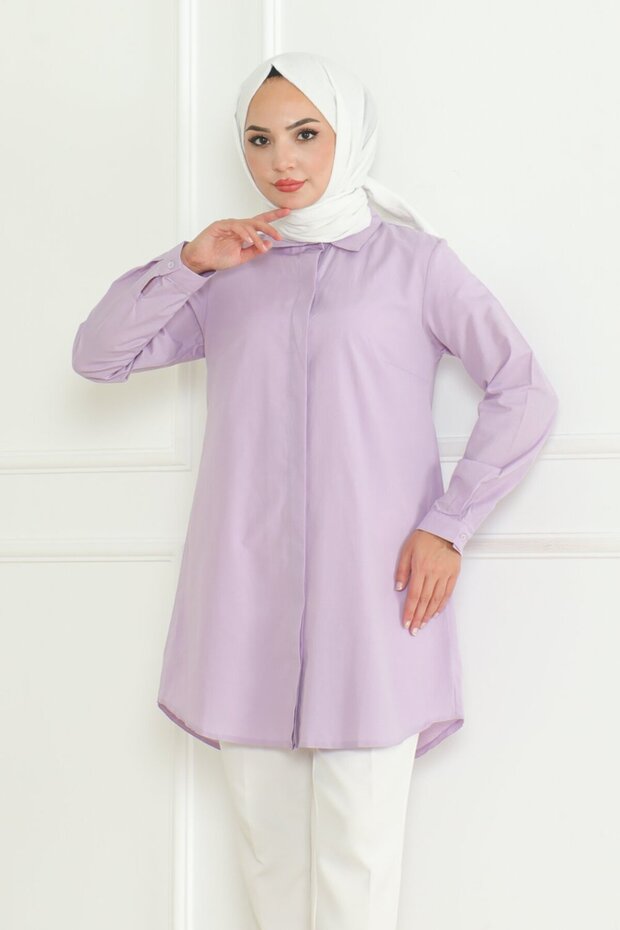 Women's Long Basic Lilac Polo Collar Hijab Shirt Dress