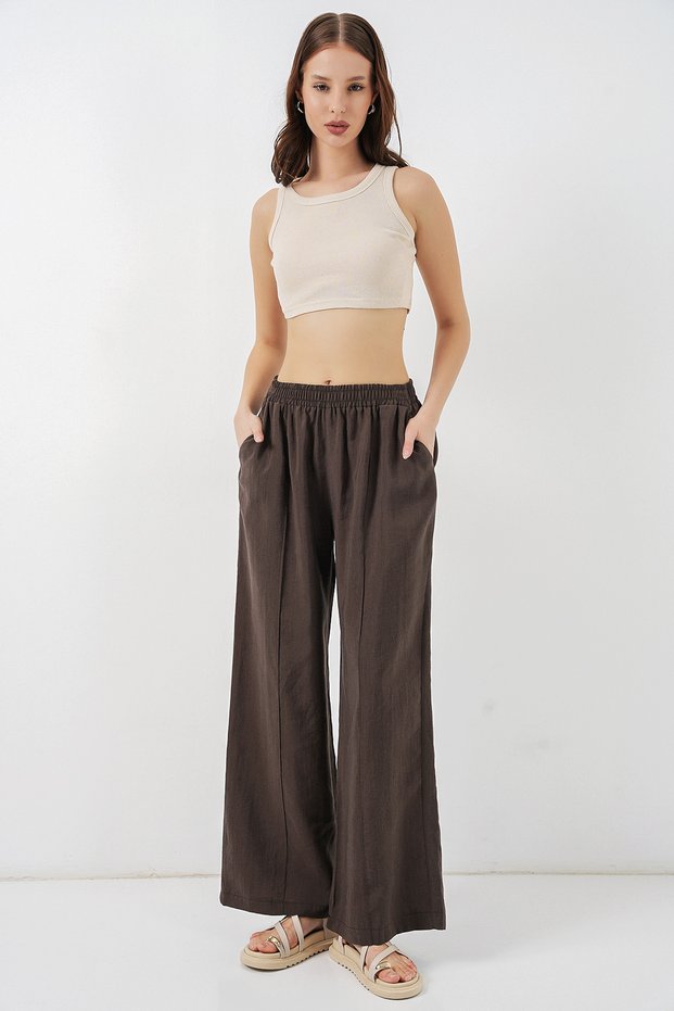 Women's Elastic Waist Wide Leg Pants 1517 - A.Brown