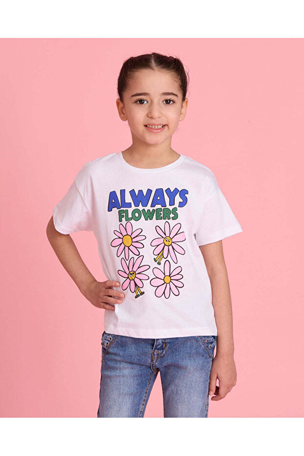 Girls White Printed T-shirt