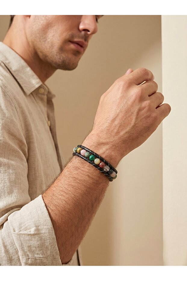 Chakra Agate Stone Leather Cord and Zamak Lock 6mm Men's Gift Bracelet 01796