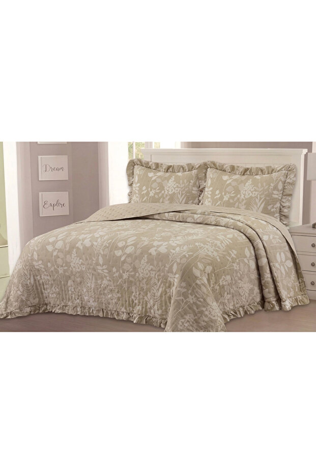 Ruffle Detailed Patterned Double Bedspread Set 240X260 cm – Soft Pique Set with Muslin Texture + 2 Pillowcases