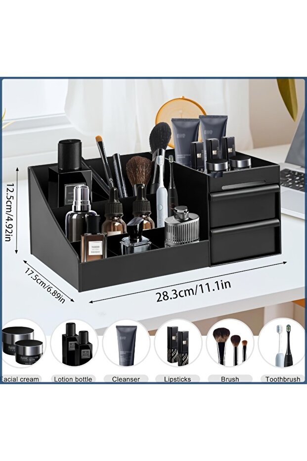 black Men's Perfume & Cologne Organizer with Drawers - Countertop Cosmetic Storage Box Suitable for