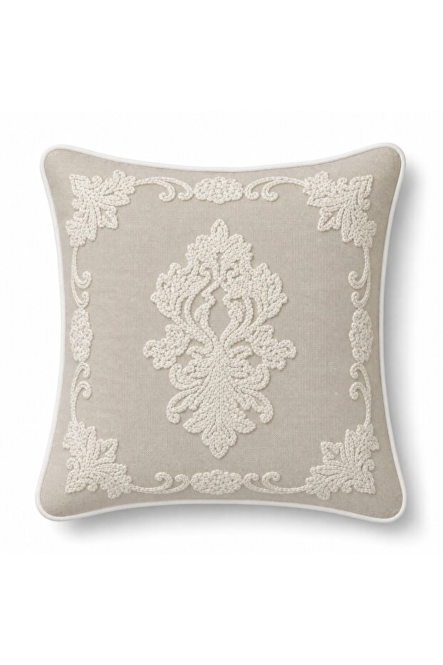 Damask Chenille Court Embroidered Cushion Cover Ecru