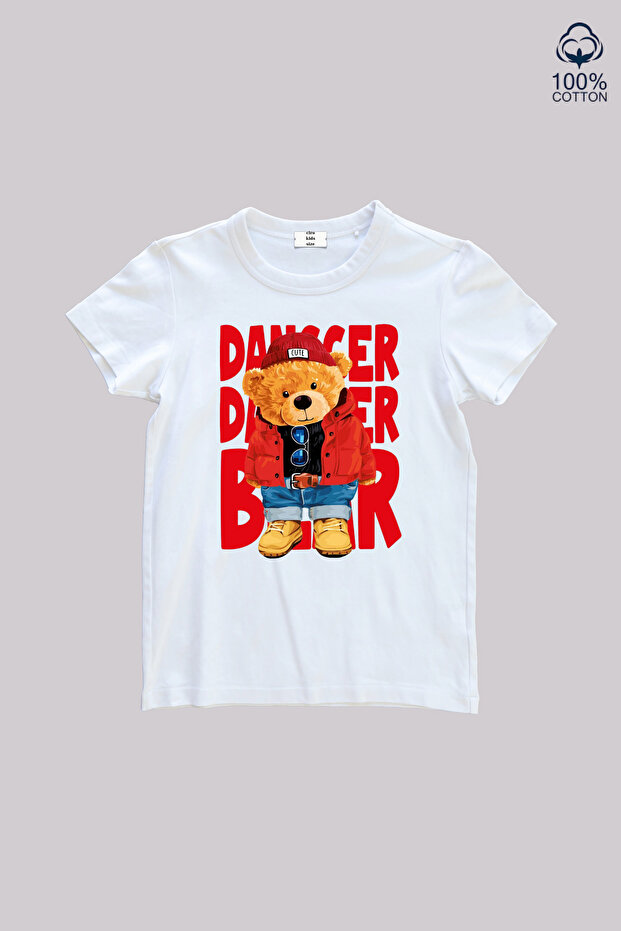 Teddy Bear Printed 100% Cotton Danger Bear Patterned Children's T-Shirt