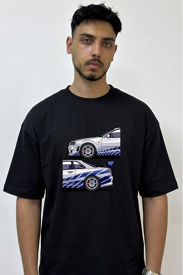 تي شيرت أسود كبير الحجم مطبوع بتصميم Skyline R34