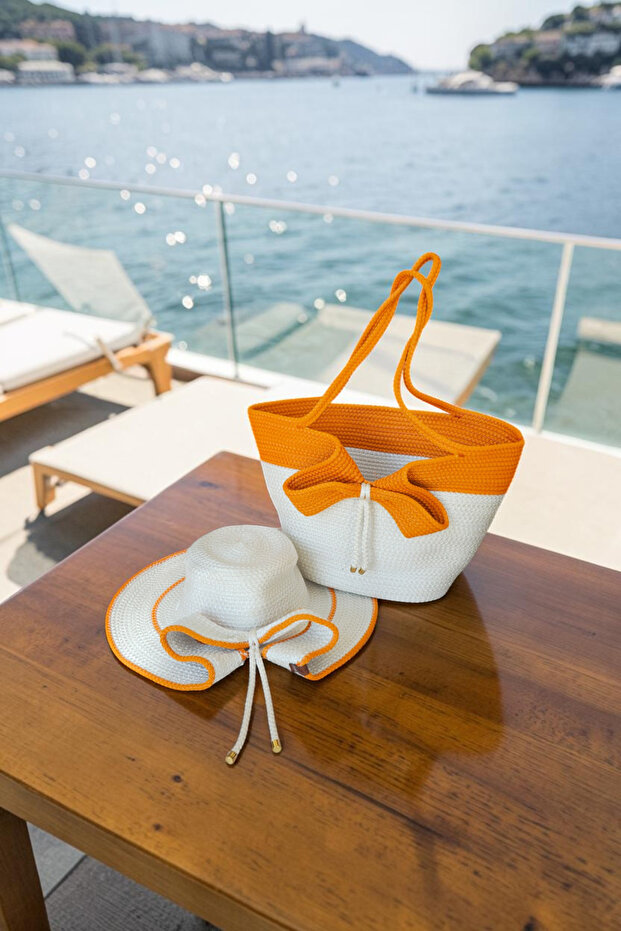 Handmade Beach Pool Bag and Hat Set with Bow and Ribbon Multi-Purpose Easy to Clean Washable Decorative Bag and Hat