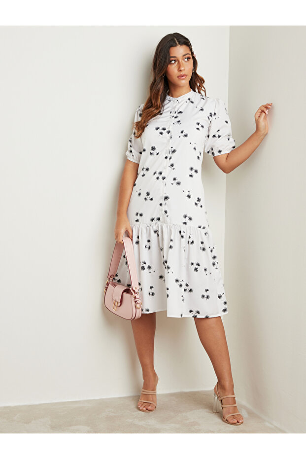 Drop Waist Printed A-Line Midi Dress with Button Closure