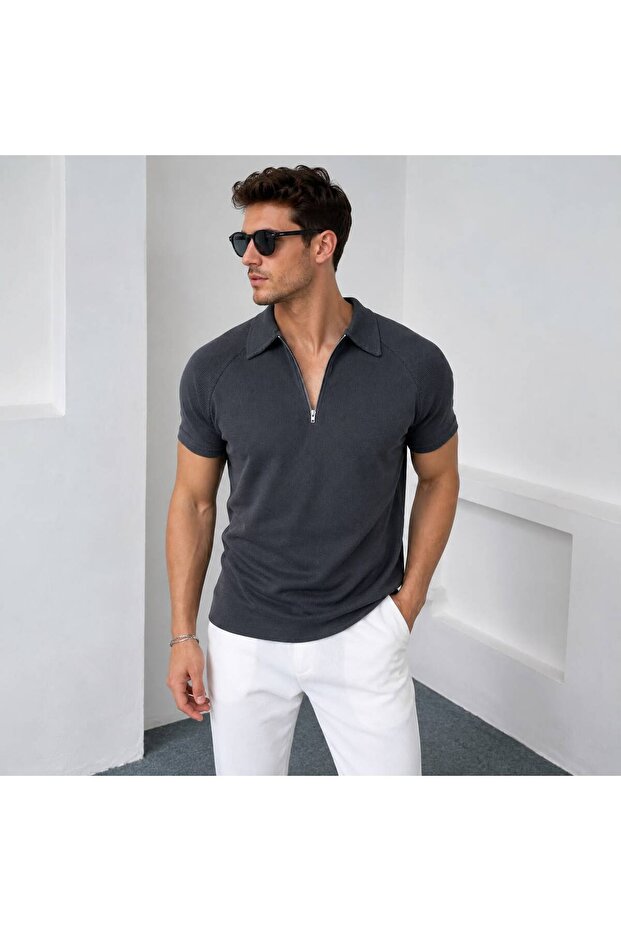 Men's Anthracite Half-Zip Polo Collar T-Shirt