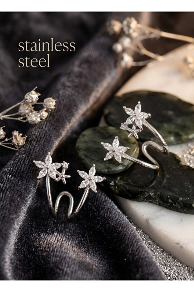 Brass Silver Color Zircon Stone Flower Motif Earrings