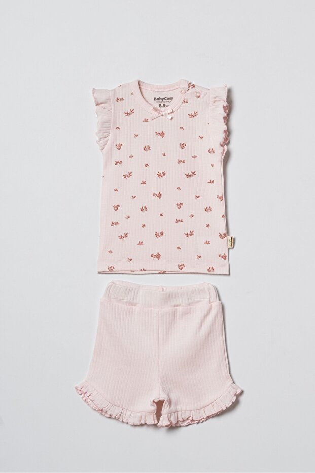 Baby Cotton Powder Ribbed Floral Patterned Ruffle Shorts Set