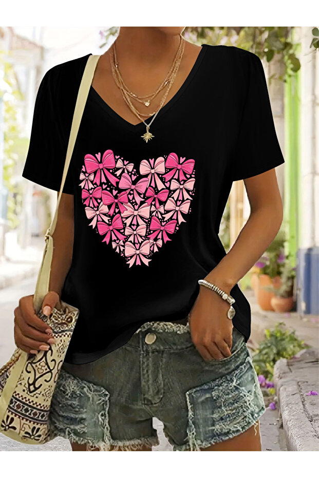 Women's Mix Printed V-Neck Sleeved Regular Fit Comfortable T-Shirt