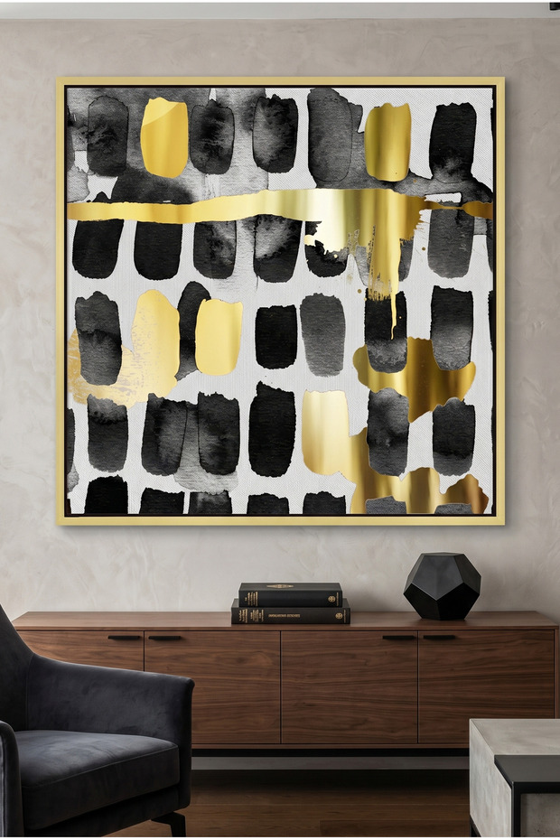Contemporary Black and Gold Geometric Wall Art | Framed Canvas Print with Gold Foil Embossed | Luxury Modern Decor for Living Room, Bedroom, Office & Gift