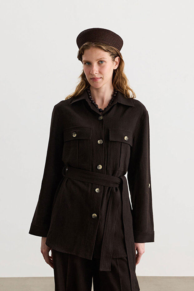 Aci Brown Linen Shirt with Pocket Detail