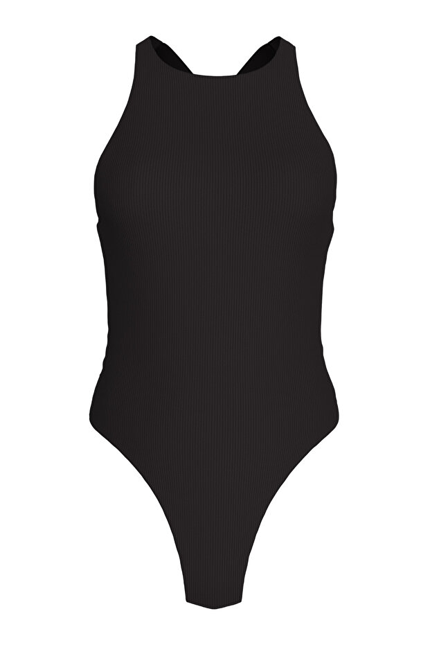 Women's Deep Back Cutout Black One-Piece Swimsuit