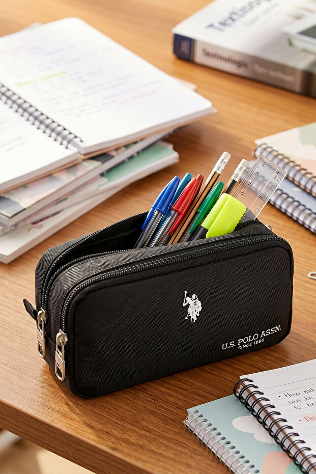 26063-26064-26066-260067 Two-Compartment Pen Holder Pencil Case Black