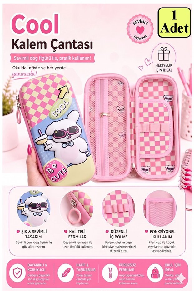 Pink Embossed Compartmented Pencil Holder 1 Piece P-5922 Girl's School Pencil Case 3D Cute Cartoon