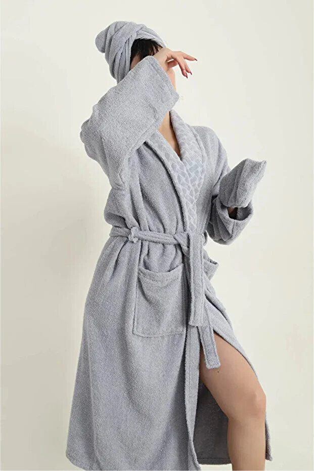 Partial Velvet 3 Piece Bathrobe Set - Bathrobe + Head Towel + Washcloth | High Water Absorption | Soft Textured