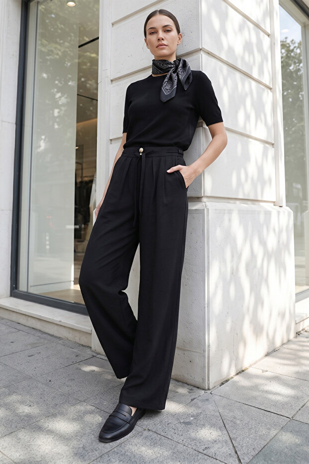 High Waist Double Button Tencel Wide Leg Pants - Black