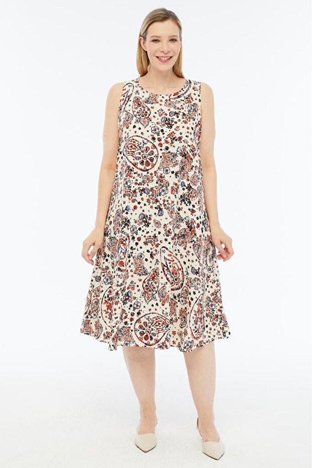 Fashion | Plus Size Pomegranate Flower Patterned Summer Dress | 100% Viscose | Flowing | Daily Comfortable | M
