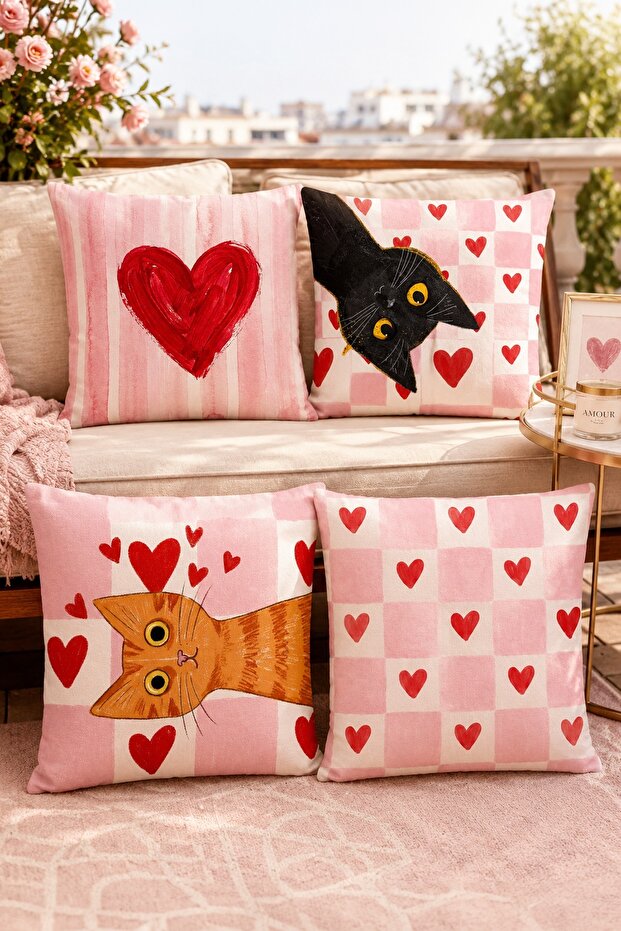Pink Heart Cats Patterned 4-Piece Throw Pillow Cover Set