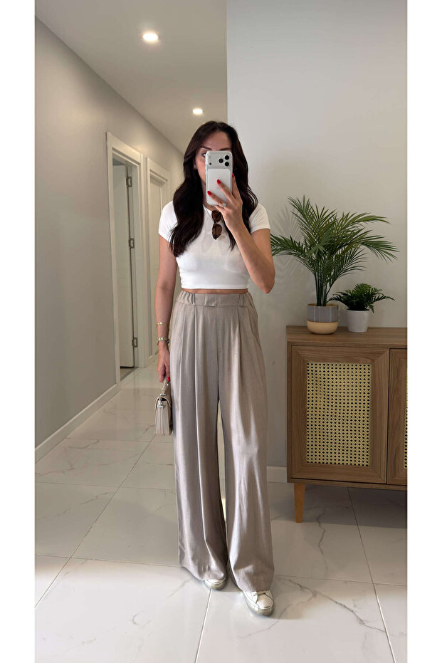 Venali Beige Linen Trousers