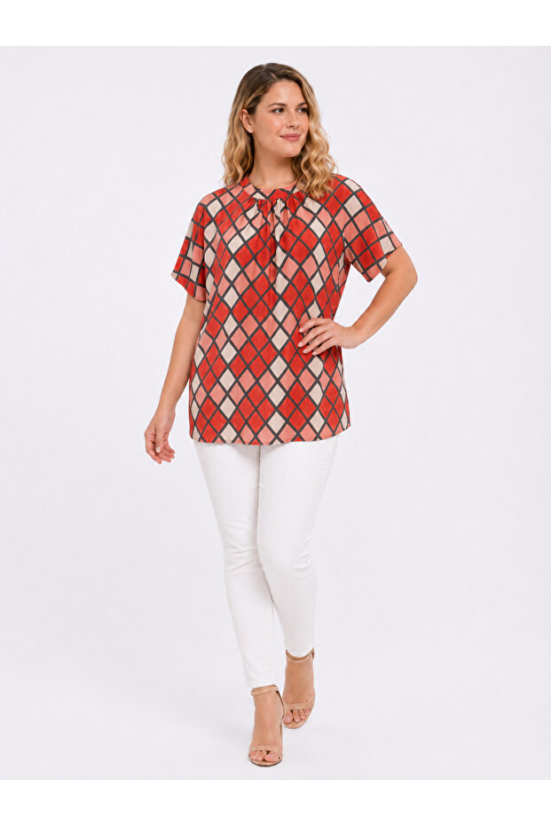 Women's Plus Size Red, Crepe Fabric, High Neck, Low Sleeve, Back Tie Detailed Blouse 65N39572