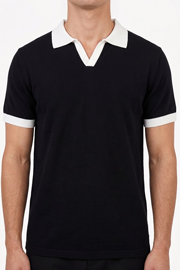 Men's Black Jacquard Polo Collar Cotton T-Shirt