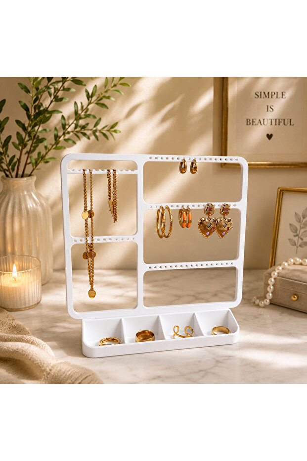 Jewelry Organizer Stand – Earring, Necklace, Ring Organizer – Desktop Display – Multi-Compartment Jewelry Stand White