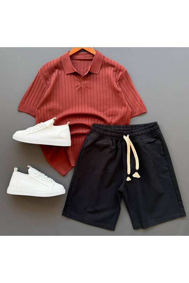 Nurse Collar Knitwear T-Shirt + Raw Linen Shorts 2-Piece Combination