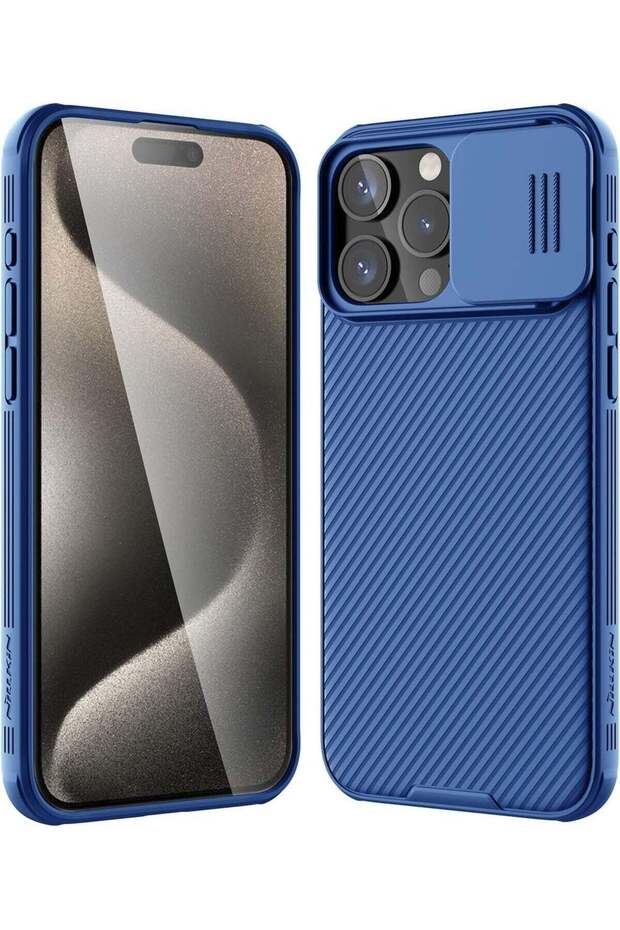 iPhone 15 Pro Max Case with Sliding Camera Cover - Hard PC + TPU Bumper, Blue