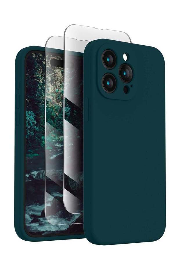 Silicone Case for iPhone 15 Pro Max, Camera Protection, 2 Screen Protectors, Teal