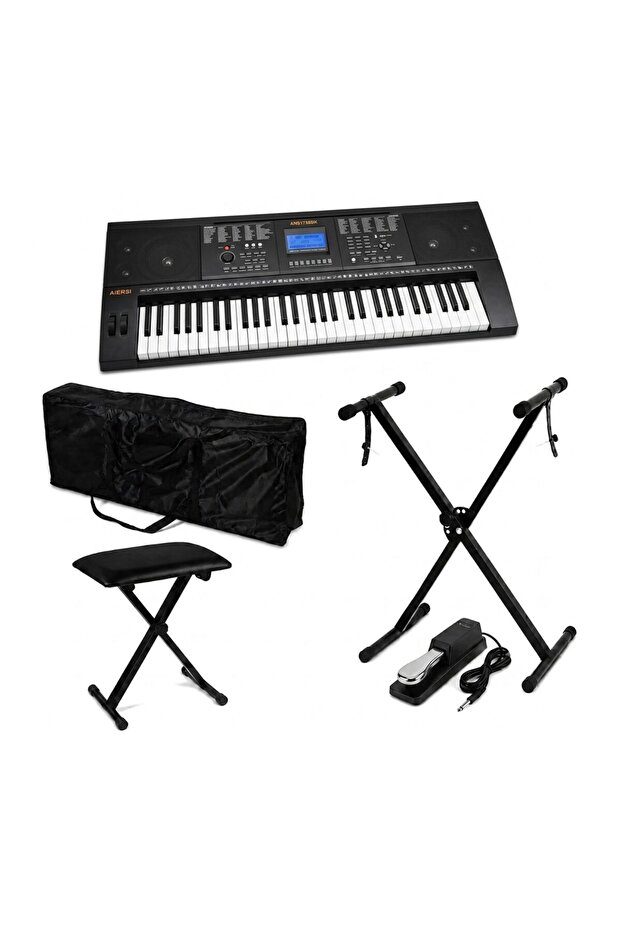 Beginner Combo For Aiersi 61 Keys Touch Response Electronic Organ ARS1758BK With Keyboard Bag, Sustain Pedal,Keyboard Stand And Bench.