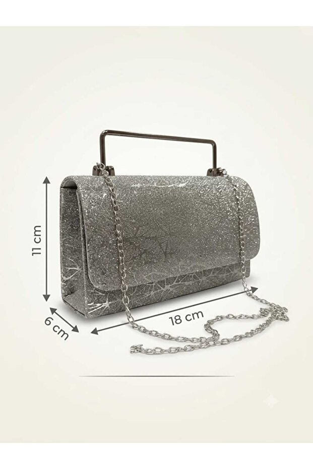 Women's Silvery Evening Dress Bag Broken Glass Patterned Metal Handle Chain Strap Clutch Portfolio Handbag 18X11X6 cm