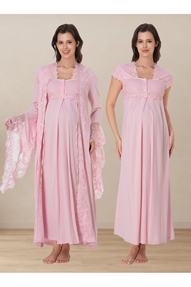 Soft Textured Maternity Nightgown Set Effortt - Powder
