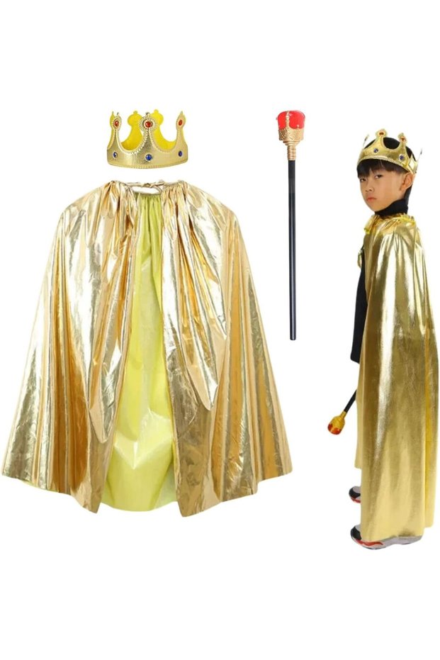 King Cape Costume Dress for Kid's Royal Velvet Cloak Classic Design with Gold Color Crown and Scepter