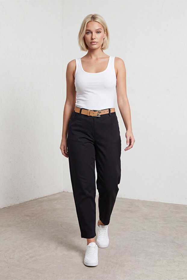 Women's Black Summer High Waist Denim Trousers with Special Belt