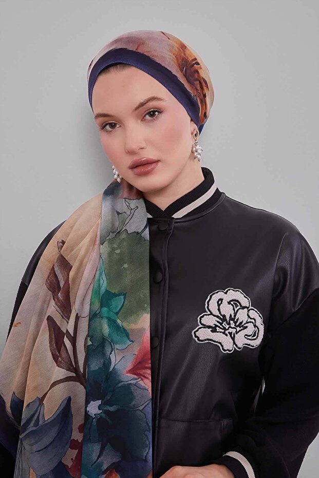 Navy Blue Lily Printed Sport Shawl