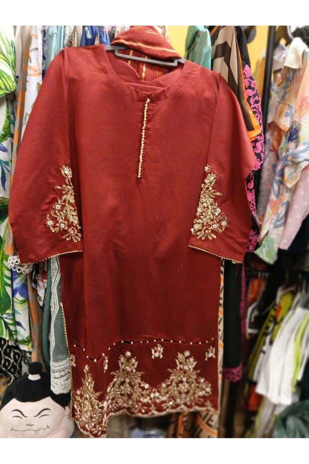 Women's Pakistani Maroon Rust Red Embroidered Salwar Suit with Gold Zari Work, Three-Piece