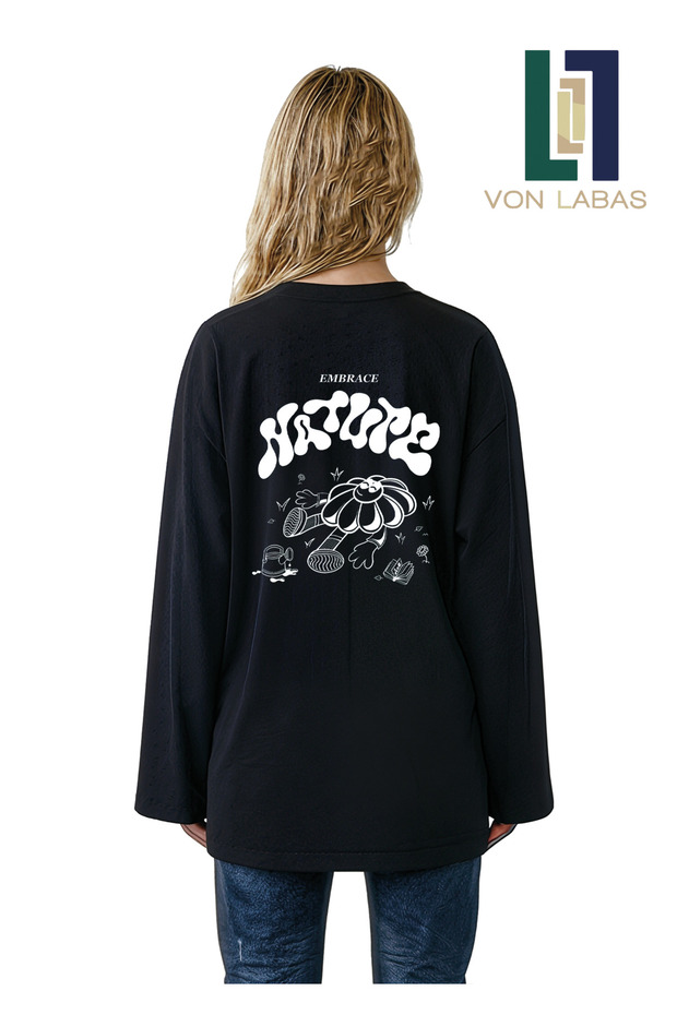 Wide Sleeve Oversize Long Sleeve Black Tshirt 100% Cotton Printed Summer Wear