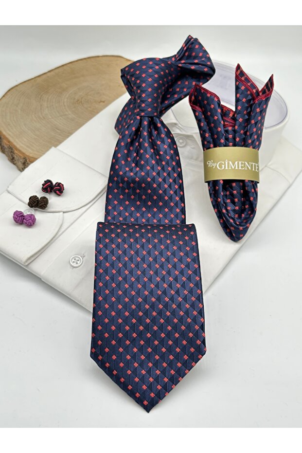 Classic Navy Blue Red Patterned Tie with Handkerchief