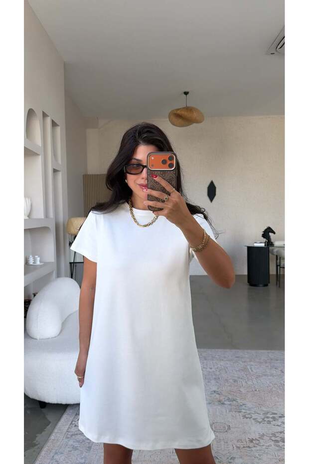 Ecru Crew Neck Basic Dress