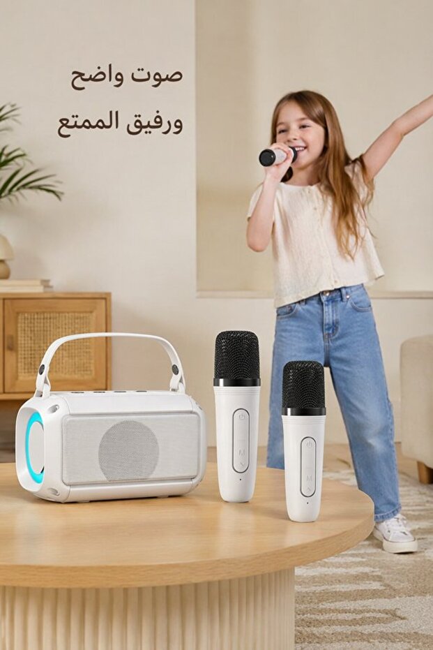 ميكروفون كاريوكي لاسلكي مع مكبر صوت بلوتوث محمول مع أضواء LED ومنفذ USB وTF وAUX قابل لإعادة الشحن