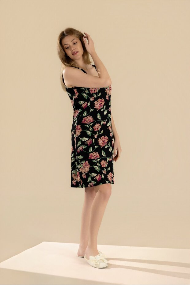 Women's Viscose Hydrangea Floral Printed Thick Strap Home Dress 9305 Black