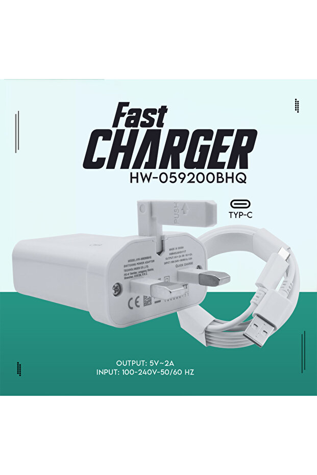 كابل شحن سريع من USB-A إلى USB-C طراز HW-059200BHQ مع شاحن حائط بريطاني 5 فولت/2 أمبير ومزود بميزة مزامنة البيانات بسرعة 480 ميجابت في الثانية