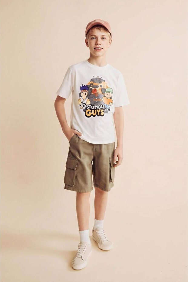 100% Cotton Stumble Guys Licensed New Regular Fit Crew Neck Short Sleeve Ecru T-Shirt Boys H5